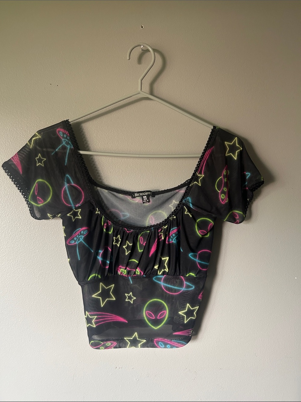 Black Neon Alien & Planet Print Crop Top